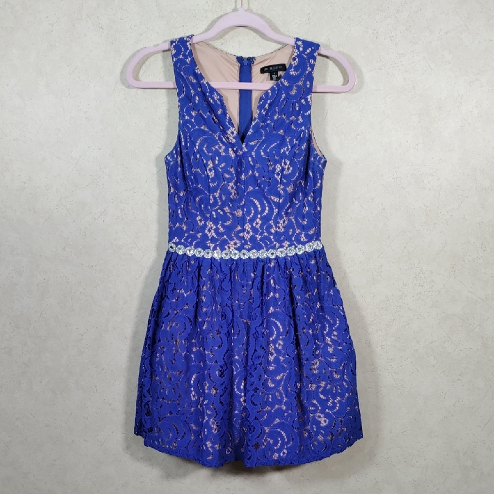 H157 Jodi Kristopher royal blue lined lace formal mini dress 1